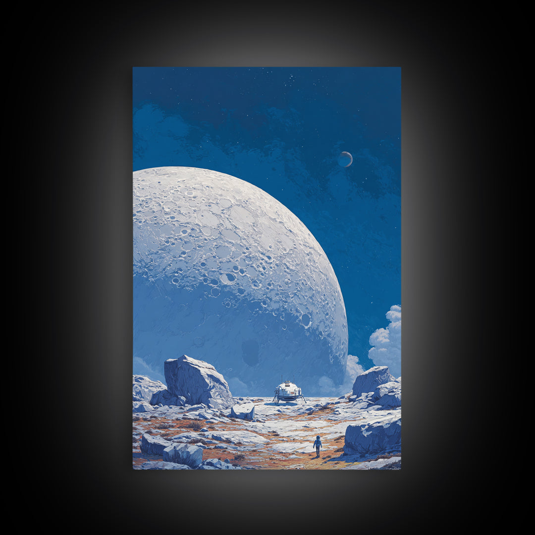Blue Lunar Base With Astronaut Wall Art, Giant Moon Sci Fi Poster, Modern Space Landscape, Retro Futuristic Room Decor Print