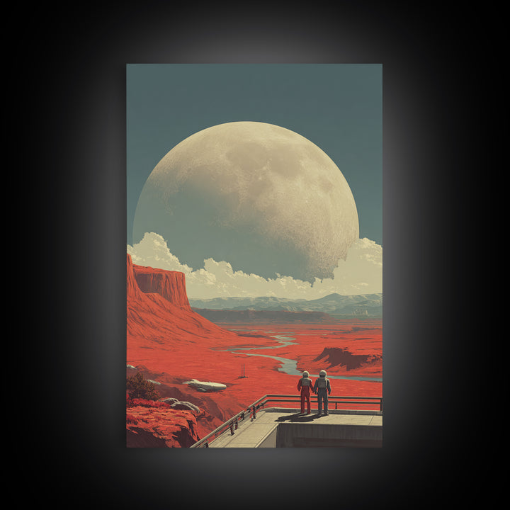Red Mars Desert Astronauts Framed Canvas Print, Giant Moon Space Poster, Retro Sci Fi Landscape, Midcentury Modern Decor