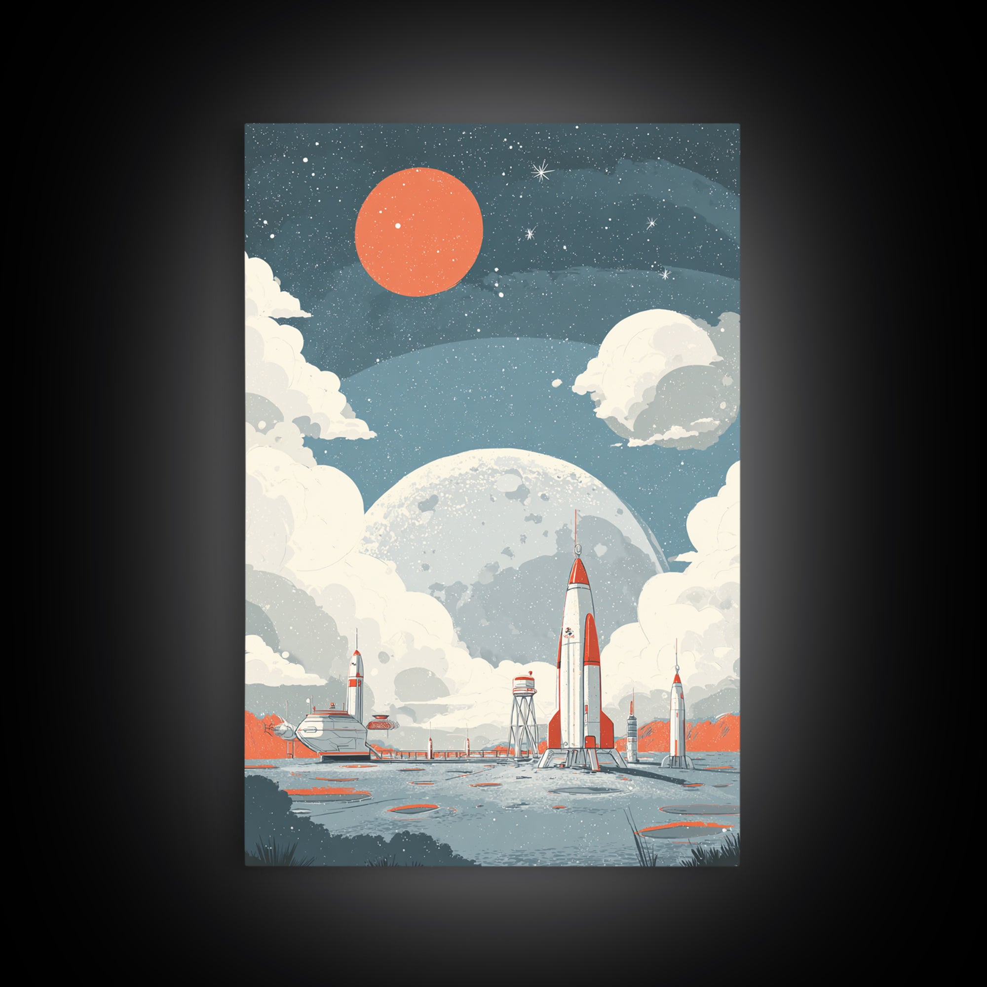 Retro Rocket Spaceport In Clouds Canvas Print, Moon Colony Wall Art Poster, Midcentury Modern Sci Fi Nursery Room Decor Print