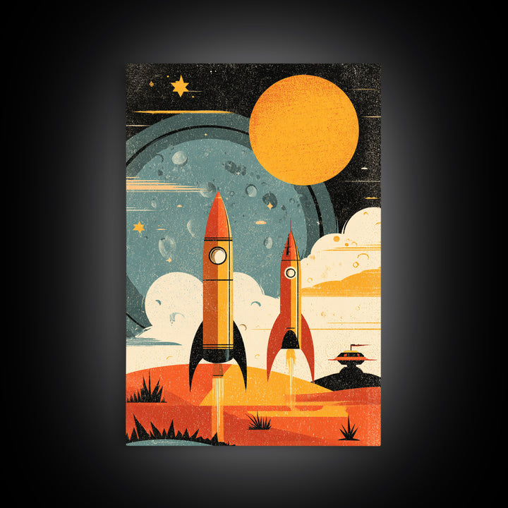 Orange Atomic Rockets And Sun Wall Art, Retro Space Age Poster, Midcentury Modern Sci Fi Decor, Bold MCM Canvas Print Gift