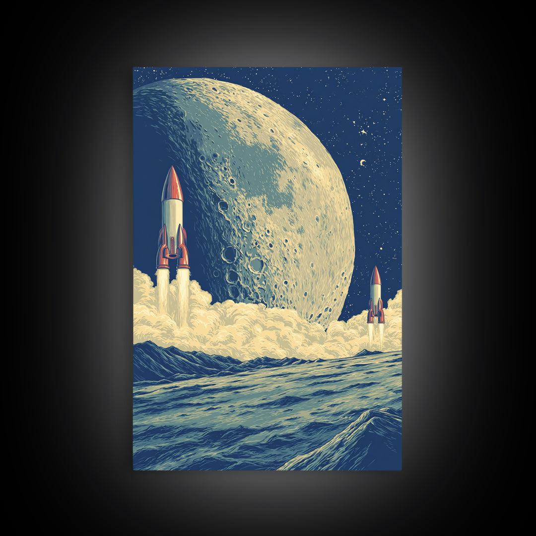 Rockets Launch From Lunar Waves Canvas Print, Giant Moon Sci Fi Poster, Retro Futuristic Wall Art, Space Age Room Decor Print