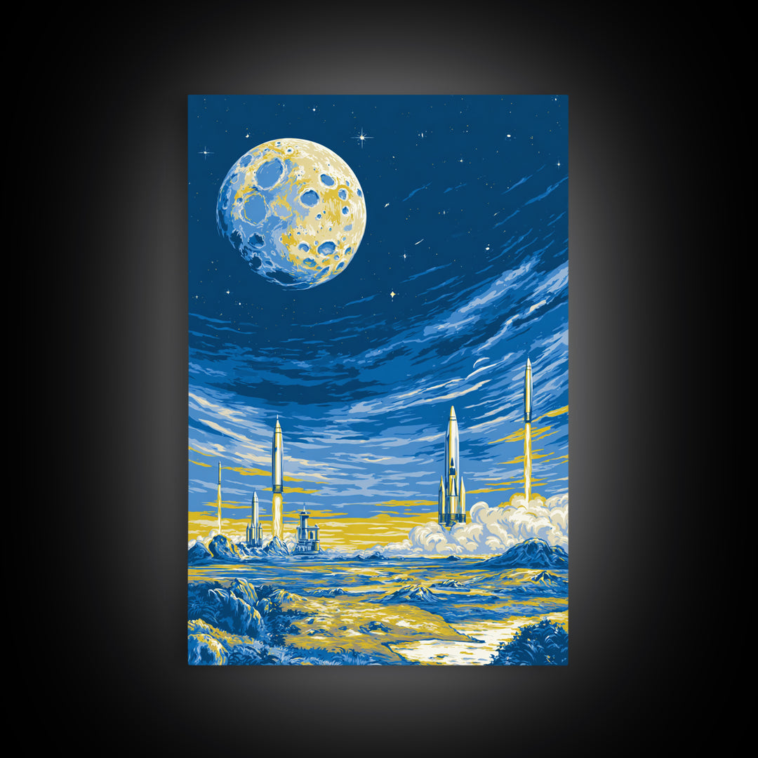 Blue Moon Rocket Colony Wall Art, Yellow Lunar Landscape Poster, Retro Sci Fi Space Decor, Midcentury Modern Room Print Gift