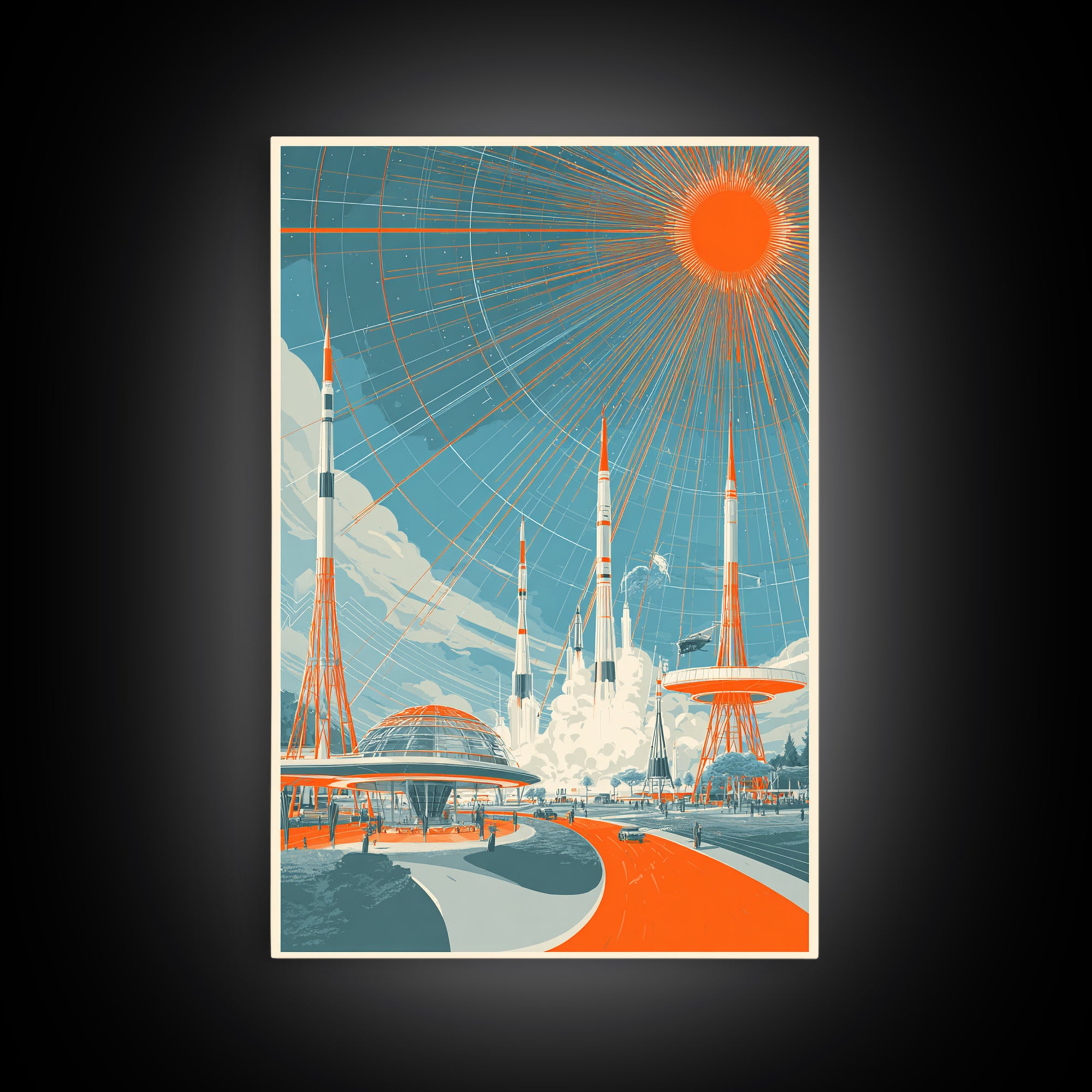 Retro Futuristic Rocket City Wall Art, Orange Sun Spaceport Poster, Midcentury Modern Sci Fi Decor, Atomic Ranch Print Gift