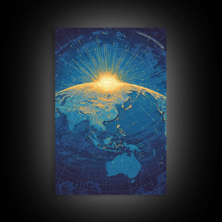 Golden Sunrise Over Earth Canvas Print, Midcentury Modern Map Art, Blue Space Poster, Retro Travel Office Wall Decor Gift