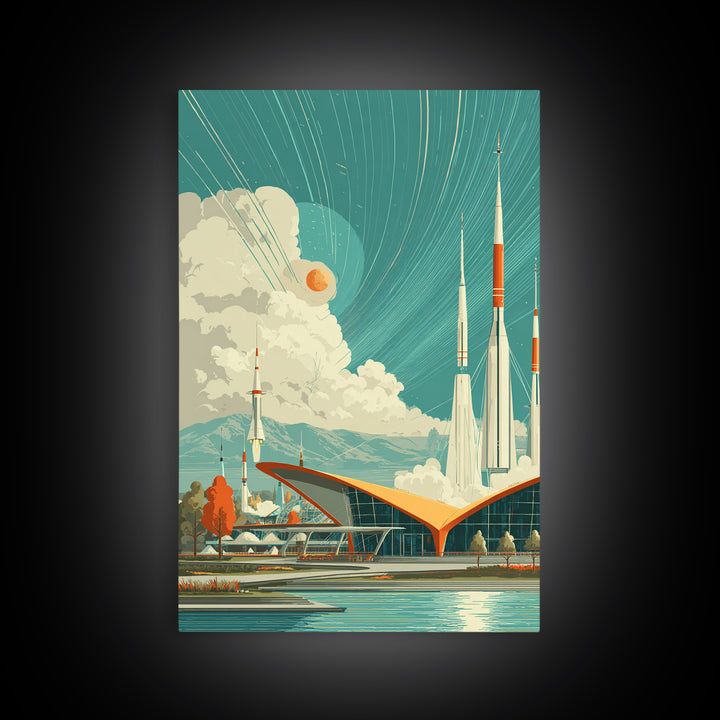 Retro Futuristic Rocket Spaceport With Teal Sky Wall Art, Mid Century Modern Sci Fi Poster, Atomic MCM Space Decor Print