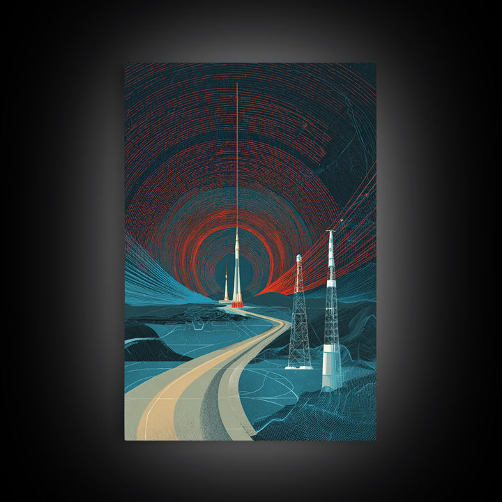 Desert Road To Rocket Launch Wall Art, Mid Century Modern Sci Fi Poster, Retro Space Travel Print, Atomic MCM Home Decor