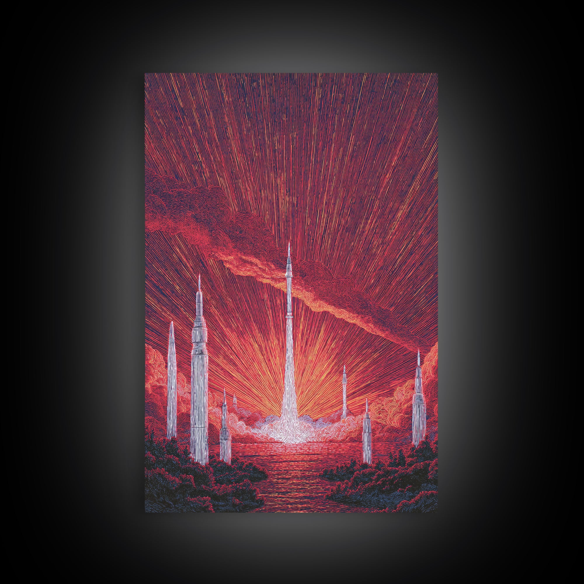 Fiery Red Rocket City At Sunrise Wall Art, Mid Century Modern Sci Fi Poster, Atomic Space Landscape, Retro MCM Decor Print