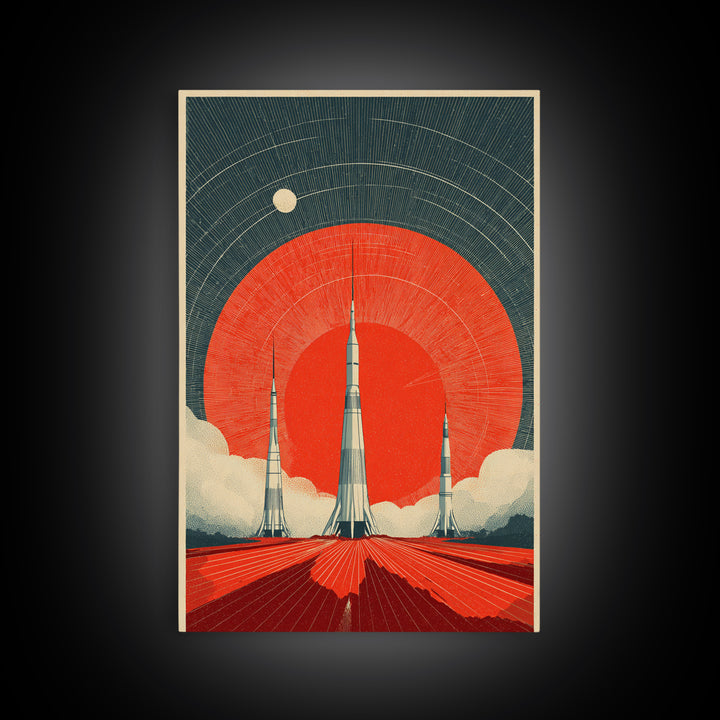 Giant Red Sun Rocket Launch Canvas Print, Mid Century Modern Sci Fi Poster, Atomic Space Art, Retro MCM Wall Decor Print