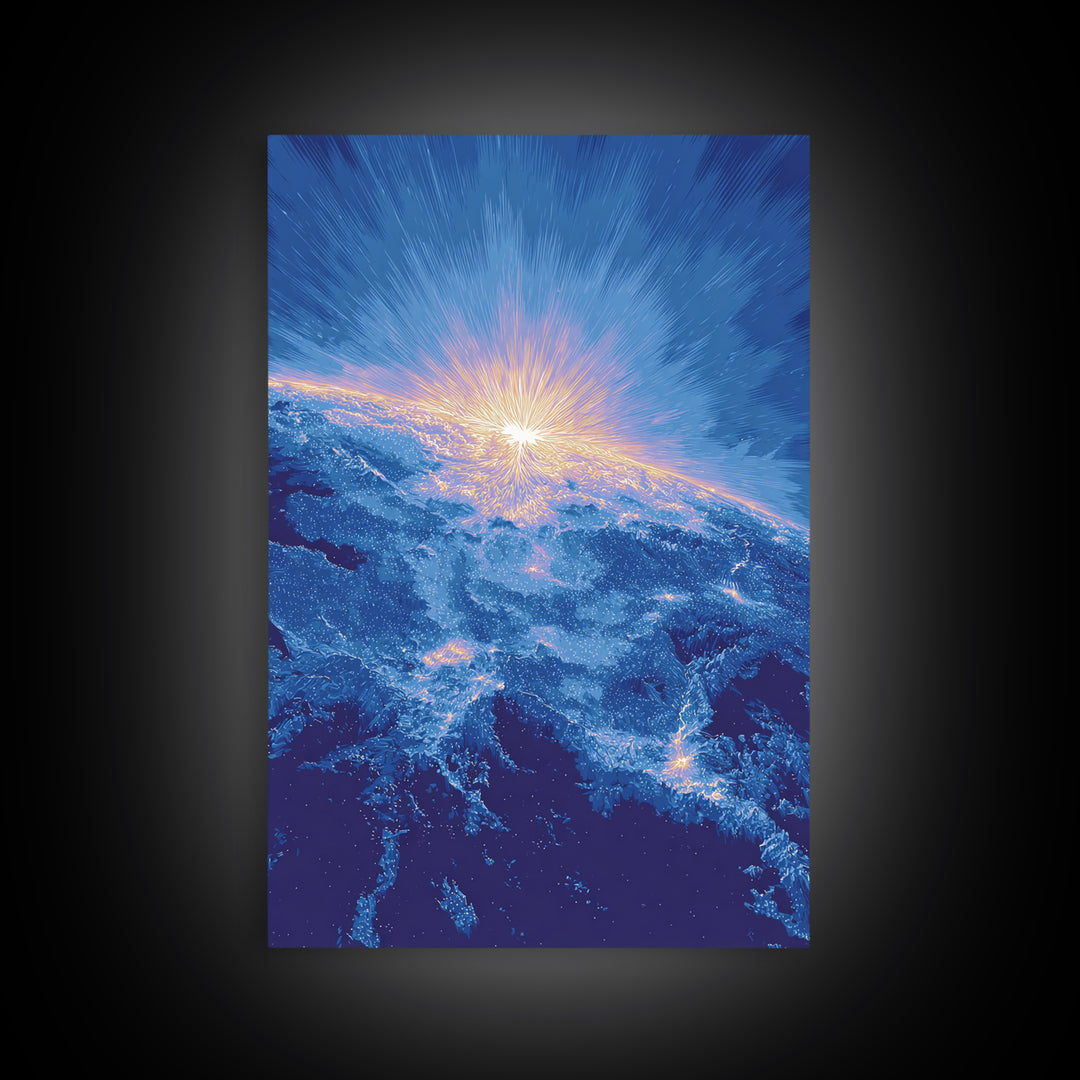Blue Cosmic Earth Sunrise Framed Canvas Print, Modern Abstract Space Art, Midcentury Poster, Galaxy Home Office Decor Gift