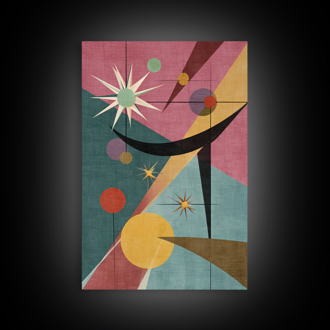 Pink Teal Atomic Starburst Abstract Wall Art, Mid Century Modern Poster, Retro Geometric MCM Living Room Decor Print Gift