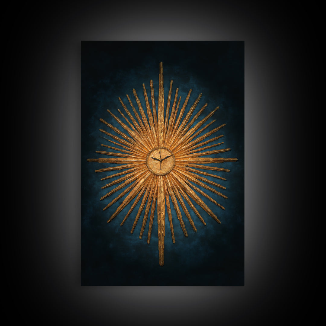 Golden Sunburst Clock On Moody Blue Wall Art, Mid Century Modern Decor, MCM Wall Decor, Atomic Retro Art Print, Home Decor