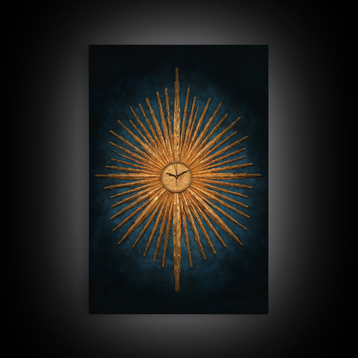 Golden Sunburst Clock On Moody Blue Wall Art, Mid Century Modern Decor, MCM Wall Decor, Atomic Retro Art Print, Home Decor