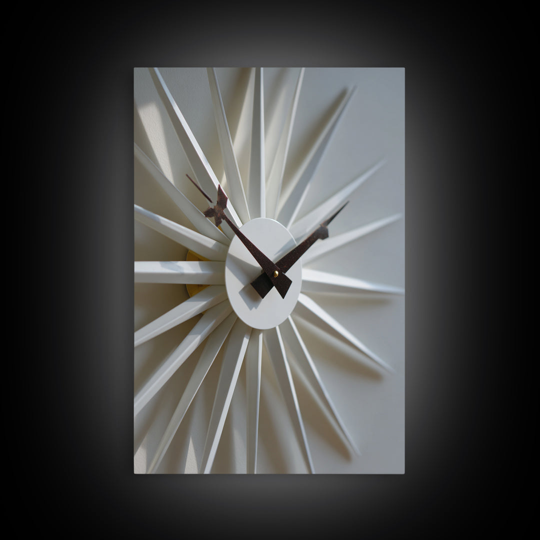 Minimal White Sunburst Clock Framed Canvas Print, Mid Century Modern Decor, Geometric Wall Art, Scandinavian Modern, MCM Artwork