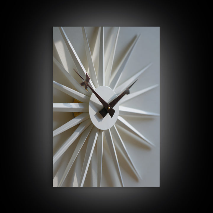 Minimal White Sunburst Clock Framed Canvas Print, Mid Century Modern Decor, Geometric Wall Art, Scandinavian Modern, MCM Artwork