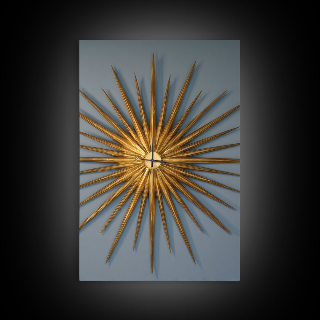 Gold Atomic Sunburst Clock On Blue Wall Art, Mid Century Modern Decor, MCM Wall Art, Retro Wall Decor, Modern Home Art Print