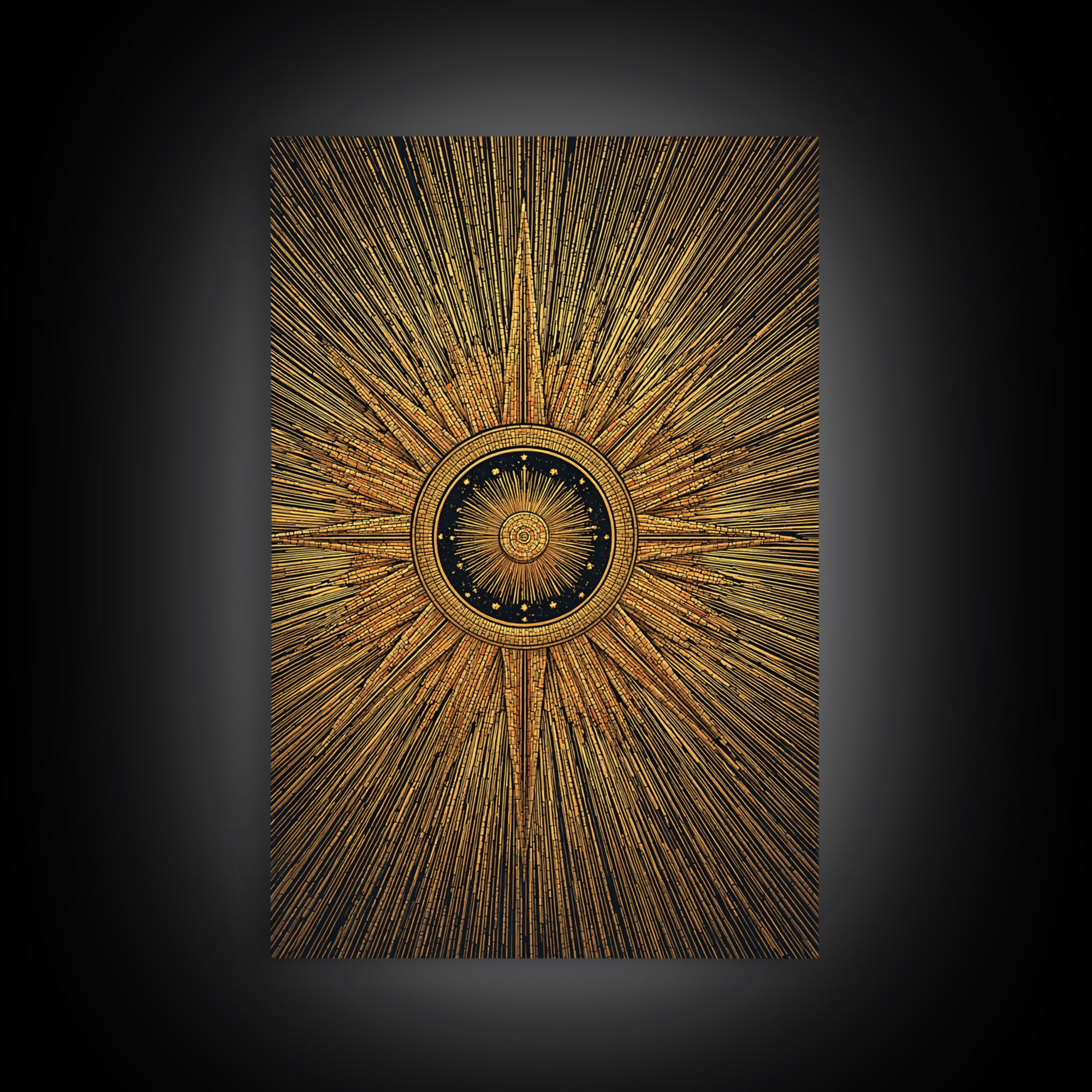 Ornate Gold Sunburst Clock Canvas Print, Midcentury Modern Art, Geometric Art Deco, Atomic Retro Wall Art, Statement Wall Decor