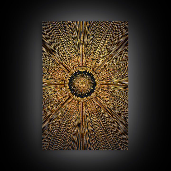 Ornate Gold Sunburst Clock Canvas Print, Midcentury Modern Art, Geometric Art Deco, Atomic Retro Wall Art, Statement Wall Decor