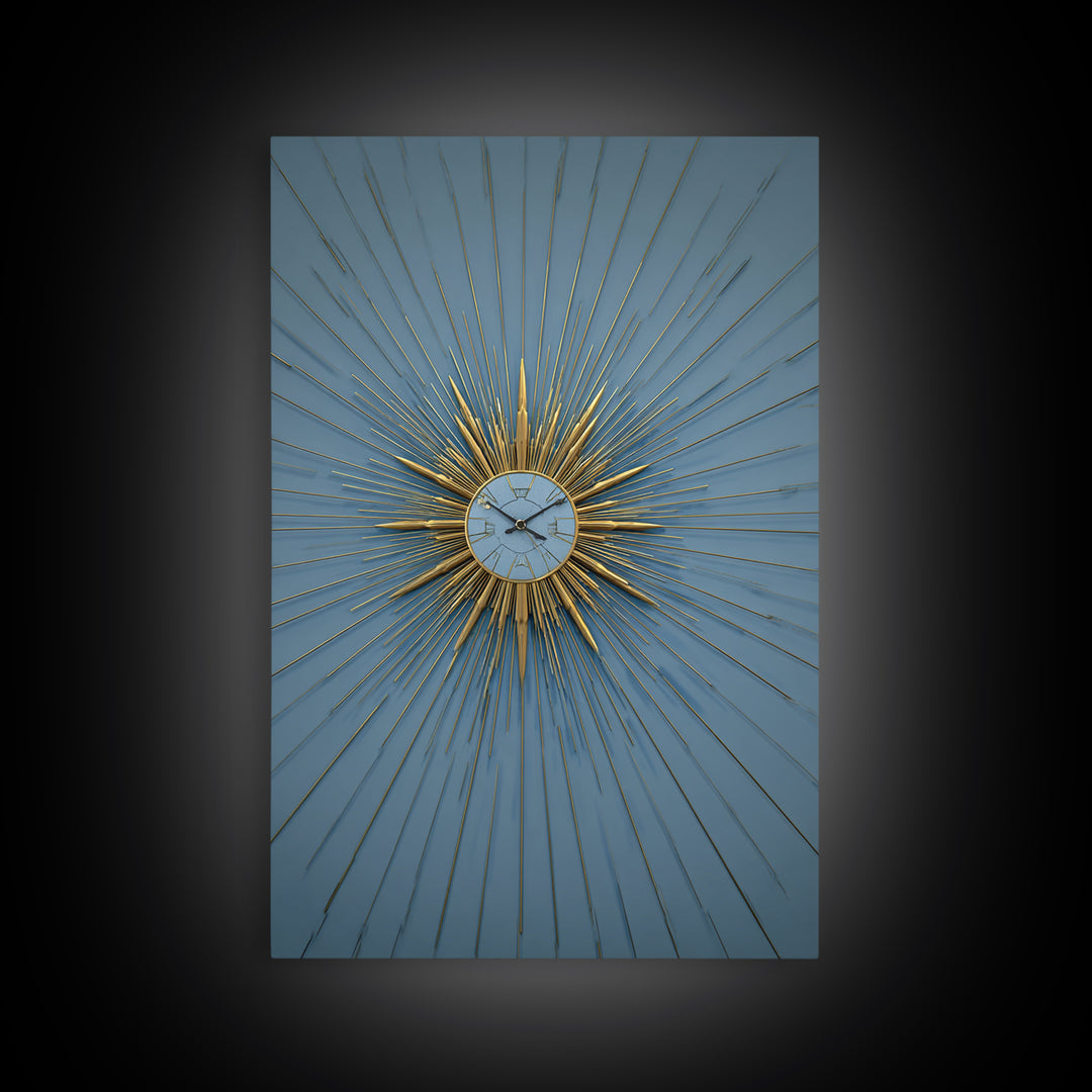 Blue And Gold Starburst Clock Framed Canvas Print, Mid Century Modern Decor, Atomic Wall Art, MCM Artwork, Large Canvas Print