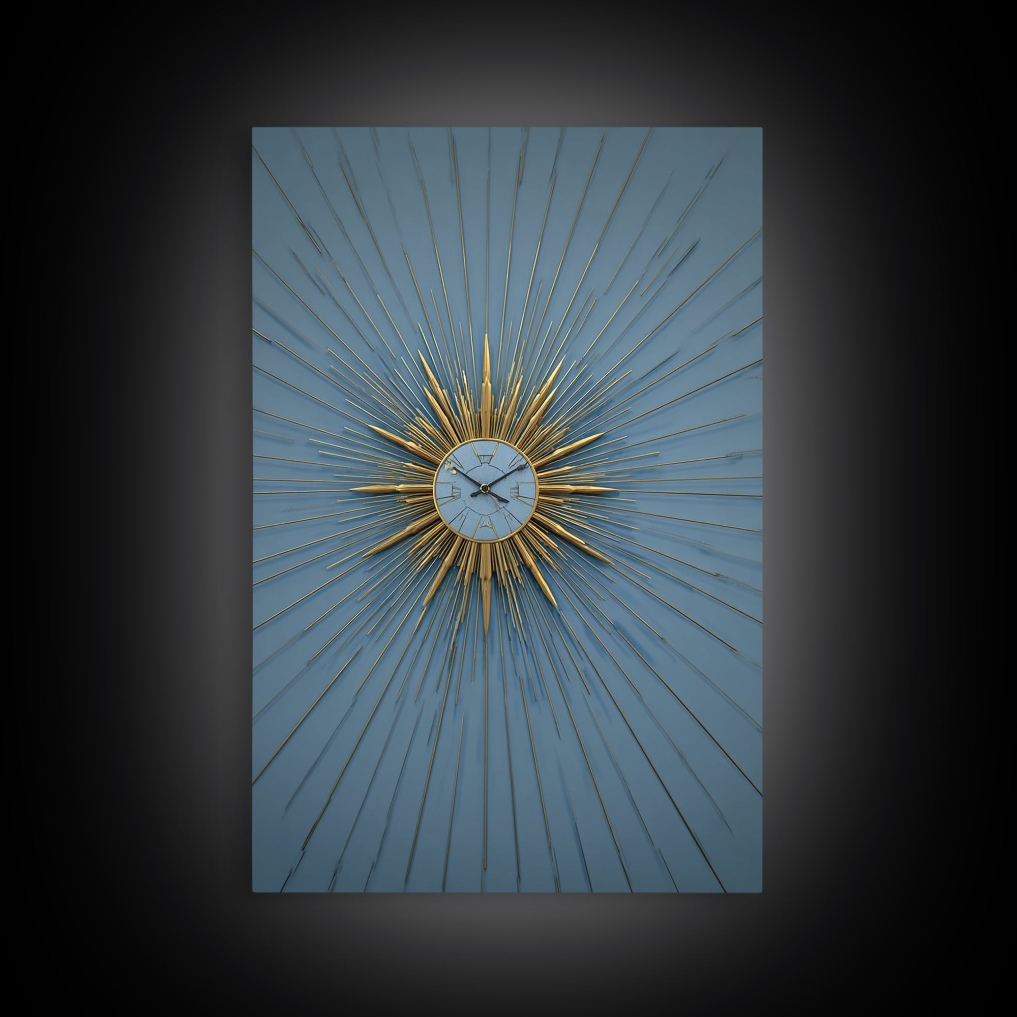 Blue And Gold Starburst Clock Framed Canvas Print, Mid Century Modern Decor, Atomic Wall Art, MCM Artwork, Large Canvas Print