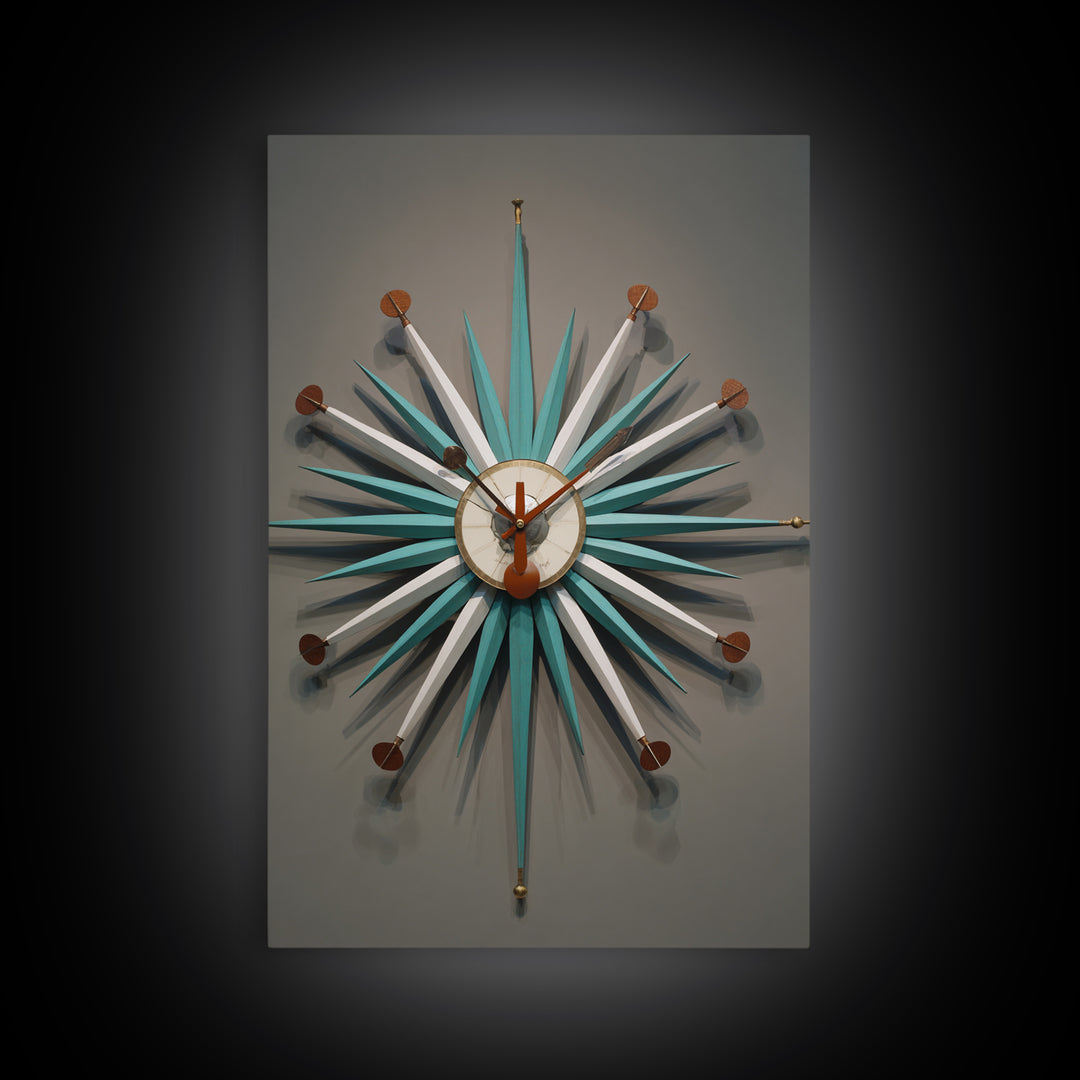 Teal White Atomic Starburst Clock Wall Art, Mid Century Modern Decor, Retro Wall Decor, Geometric Art Print, MCM Home Decor