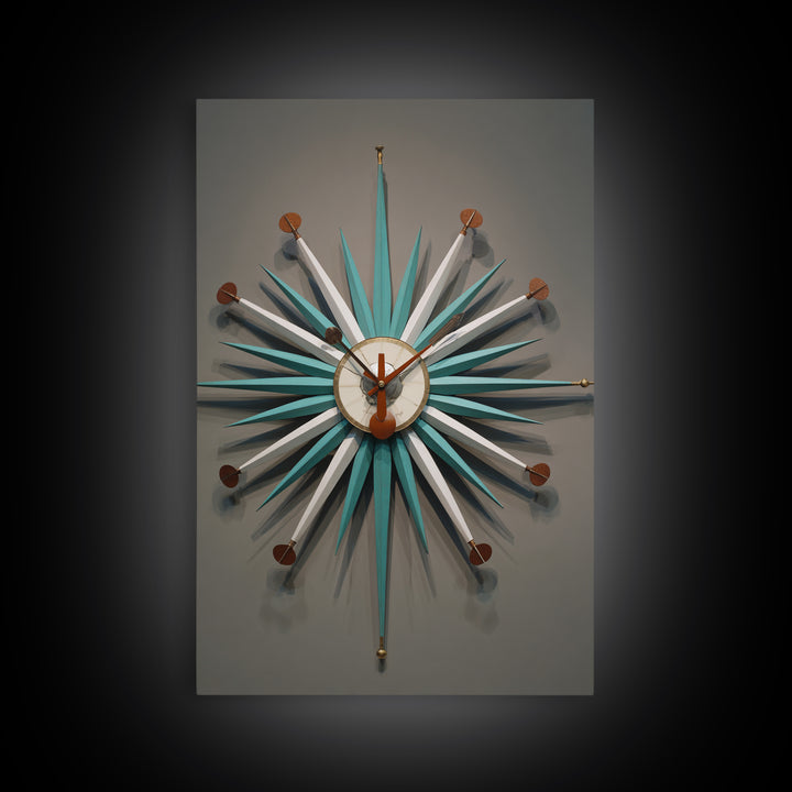 Teal White Atomic Starburst Clock Wall Art, Mid Century Modern Decor, Retro Wall Decor, Geometric Art Print, MCM Home Decor