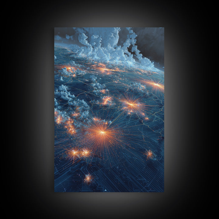 Stormy Earth Lights From Orbit Wall Art, Modern Abstract Space Print, Sci Fi City Map Poster, Blue Office Living Room Decor Gift