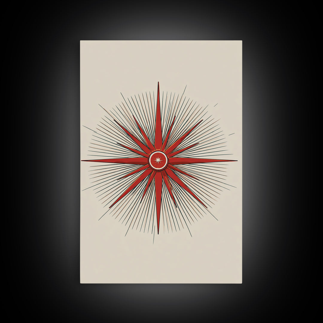 Red Compass Starburst Abstract Canvas Print, Mid Century Modern Art, Atomic Retro Poster, Geometric Wall Art, Minimalist Decor