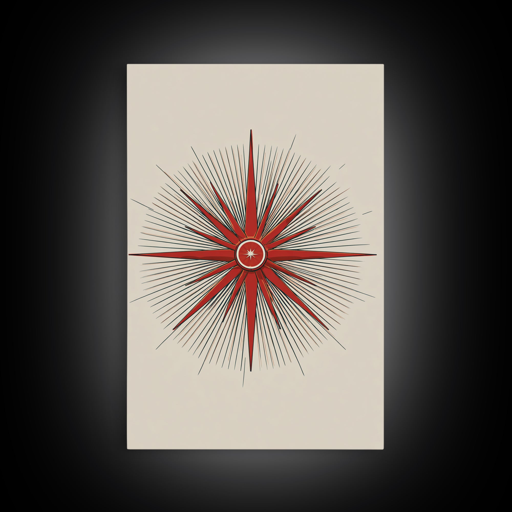 Red Compass Starburst Abstract Canvas Print, Mid Century Modern Art, Atomic Retro Poster, Geometric Wall Art, Minimalist Decor
