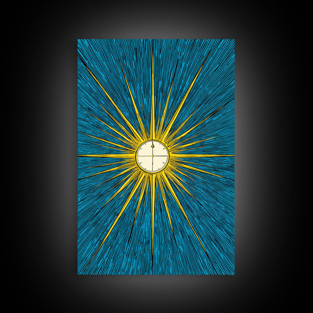 Radiant Atomic Clock Sunburst Wall Art, Midcentury Modern Art Print, Retro Sci Fi Poster, Blue Yellow MCM Decor For Office