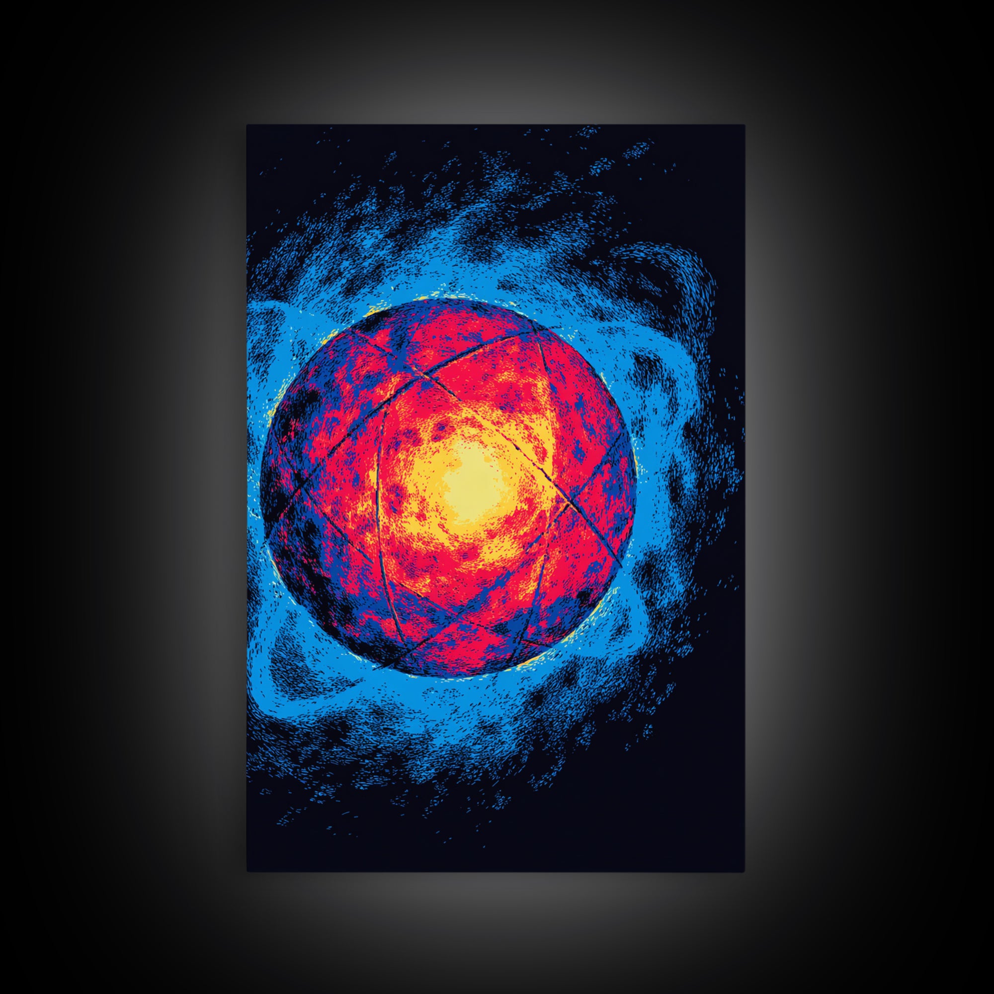 Glowing Quantum Sphere Wall Art, Modern Abstract Art Print, Atomic Retro Poster, Blue Orange Sci Fi Decor For Home Office