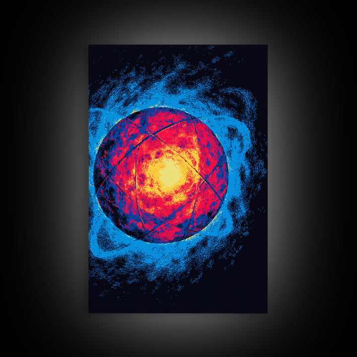 Glowing Quantum Sphere Wall Art, Modern Abstract Art Print, Atomic Retro Poster, Blue Orange Sci Fi Decor For Home Office