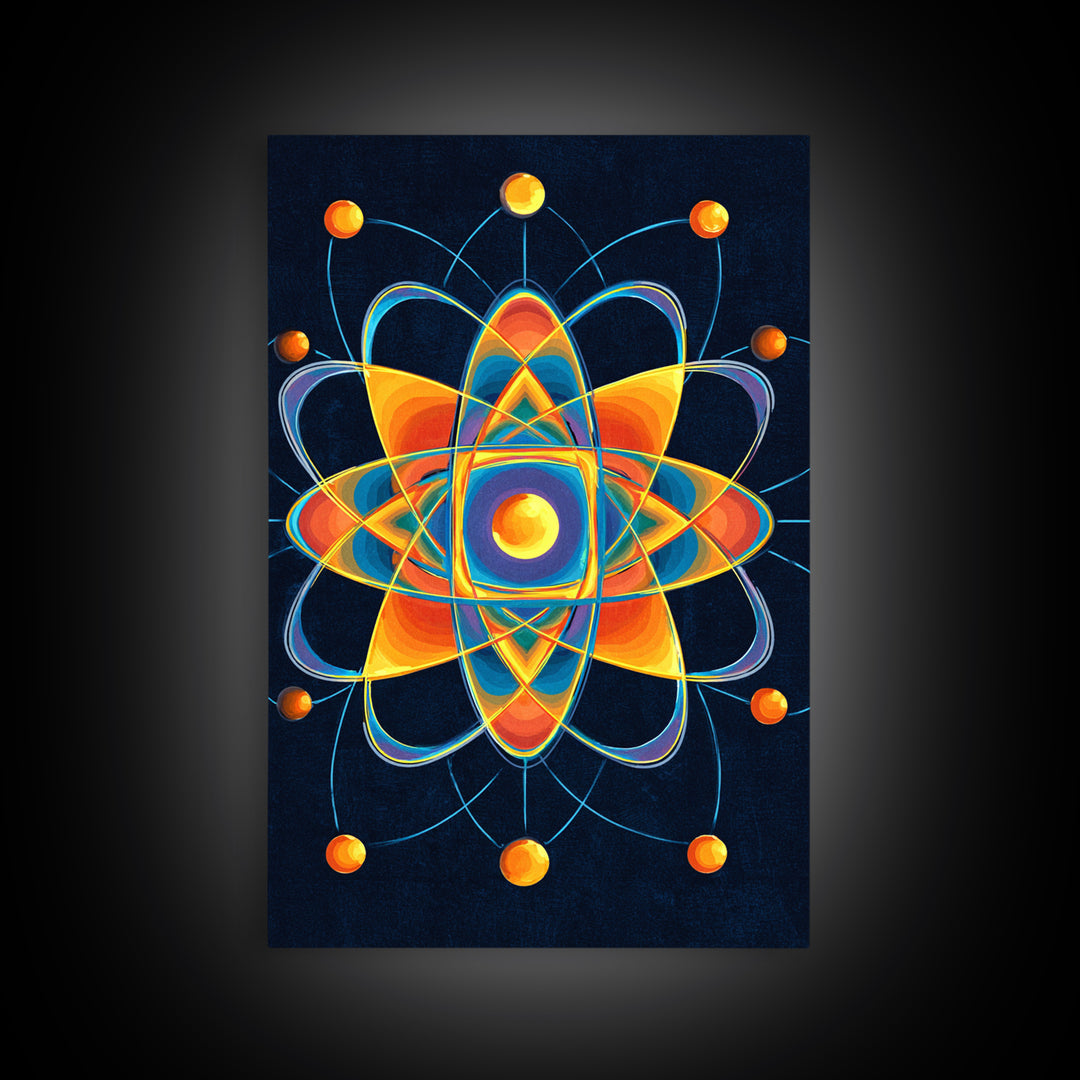 Colorful Atomic Mandala Framed Canvas Print, Midcentury Modern Wall Art, Geometric Sci Fi Poster, Retro Office Decor Gift