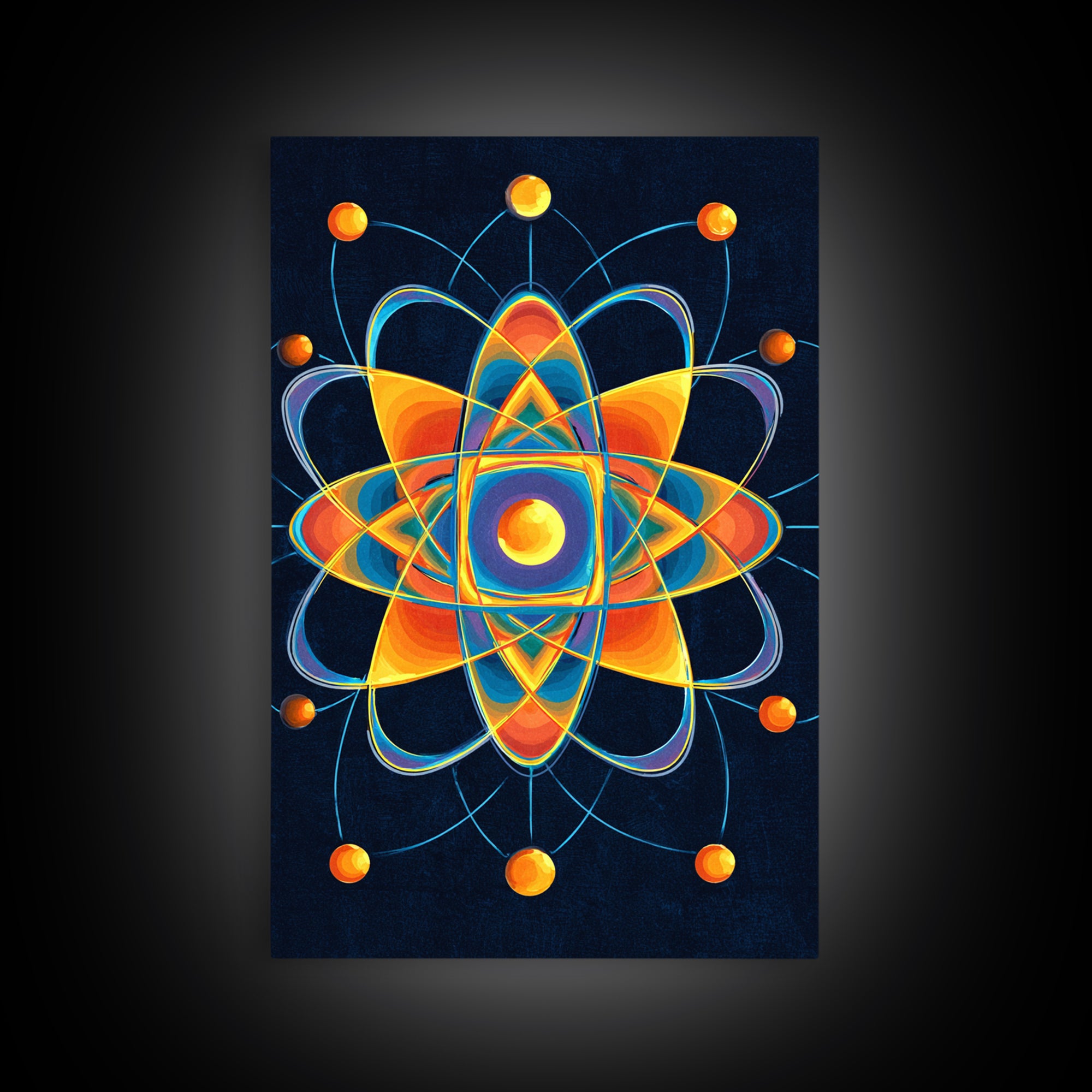 Colorful Atomic Mandala Framed Canvas Print, Midcentury Modern Wall Art, Geometric Sci Fi Poster, Retro Office Decor Gift