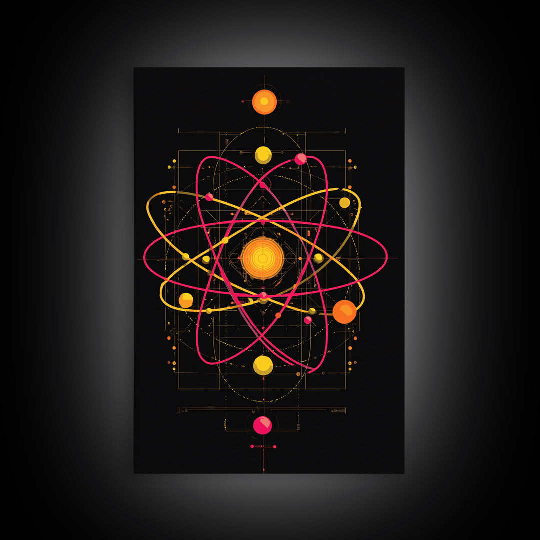 Technical Atom Diagram Canvas Print, Midcentury Modern Art, Retro Science Wall Decor, Black Pink Atomic Poster For Office