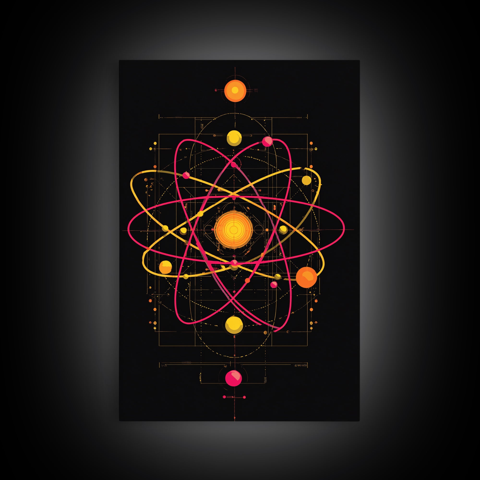 Technical Atom Diagram Canvas Print, Midcentury Modern Art, Retro Science Wall Decor, Black Pink Atomic Poster For Office