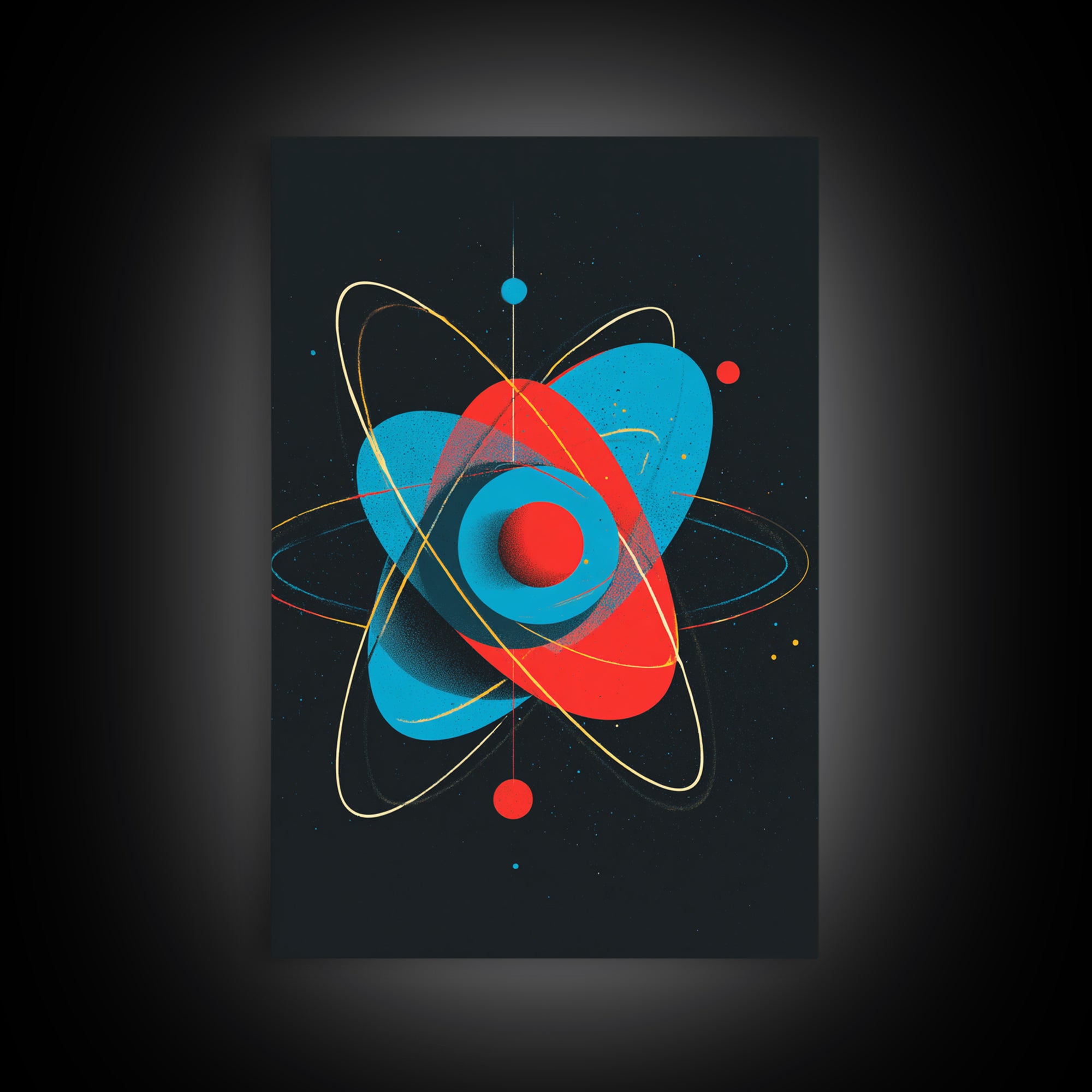 Modern Red Blue Atom Canvas Print, Midcentury Modern Art, Atomic Retro Wall Decor, Space Abstract Poster For Living Room