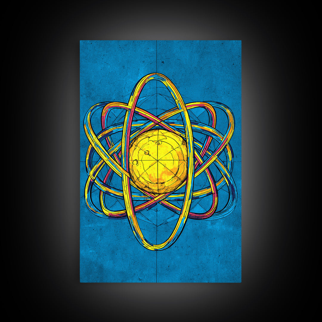 Electric Blue Atom Framed Canvas Print, Midcentury Modern Wall Art, Retro Science Poster, Yellow Orb Decor For Home Office
