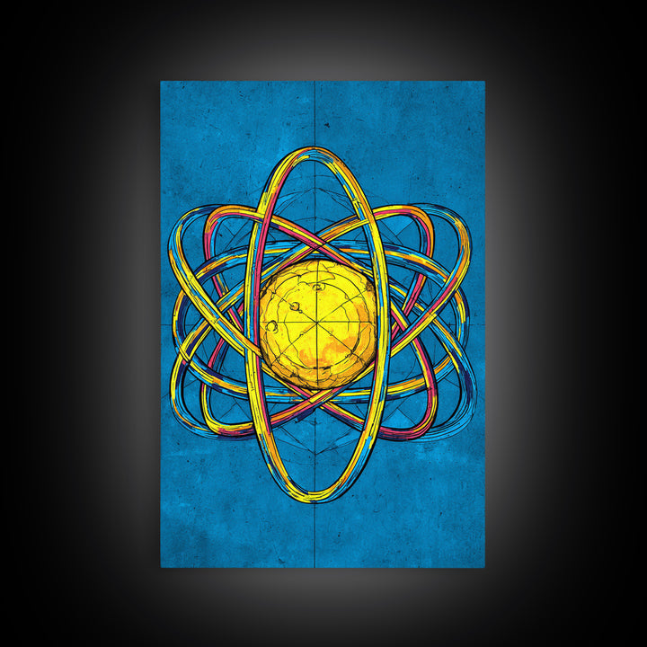 Electric Blue Atom Framed Canvas Print, Midcentury Modern Wall Art, Retro Science Poster, Yellow Orb Decor For Home Office