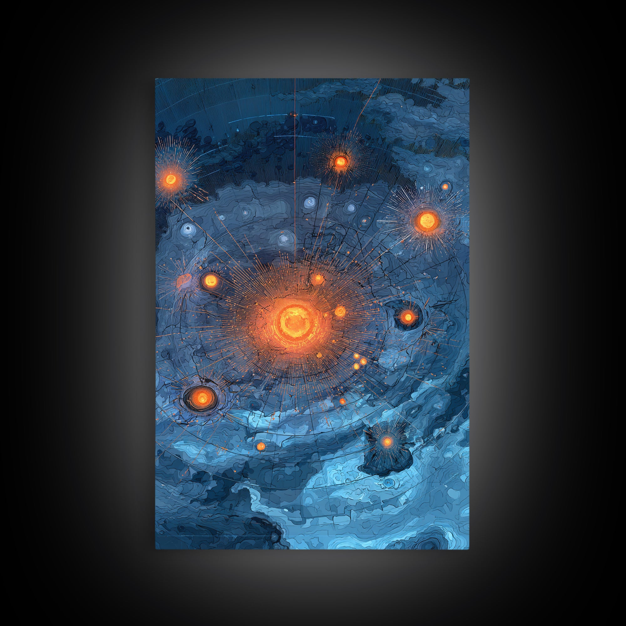 Blue Orange Planetary Orbit Canvas Print, Midcentury Modern Abstract Space Art, Atomic Poster, Geometric Office Decor Gift