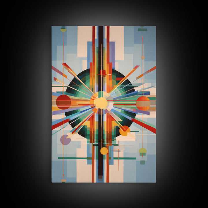 Geometric Atomic Sunburst Canvas Print, Midcentury Modern Wall Art, Bauhaus Abstract Poster, Colorful Retro Home Decor Gift