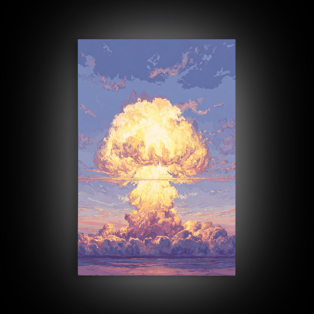 Glowing Nuclear Mushroom Cloud Over Ocean Wall Art, Retro Sci Fi Poster, Atomic Sunset Print, Dramatic Modern Wall Decor