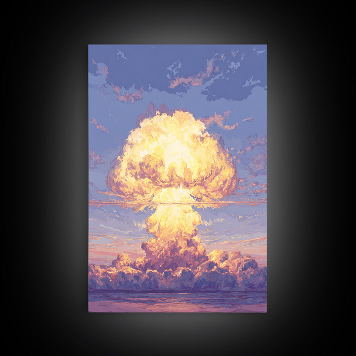 Glowing Nuclear Mushroom Cloud Over Ocean Wall Art, Retro Sci Fi Poster, Atomic Sunset Print, Dramatic Modern Wall Decor