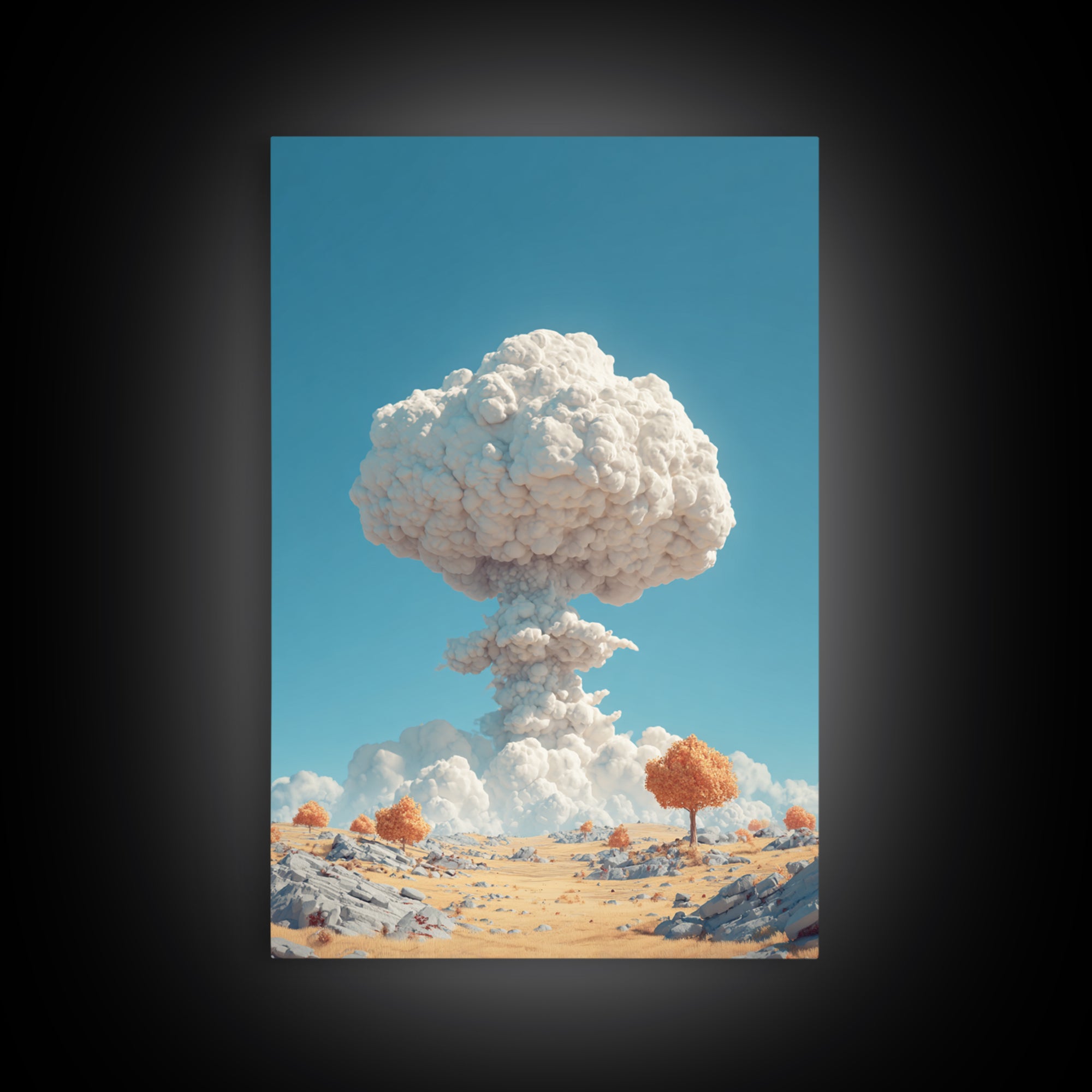 White Mushroom Cloud In Desert Landscape Framed Canvas Print, Surreal Atomic Art, Modern Wall Decor, Blue Sky Poster Print