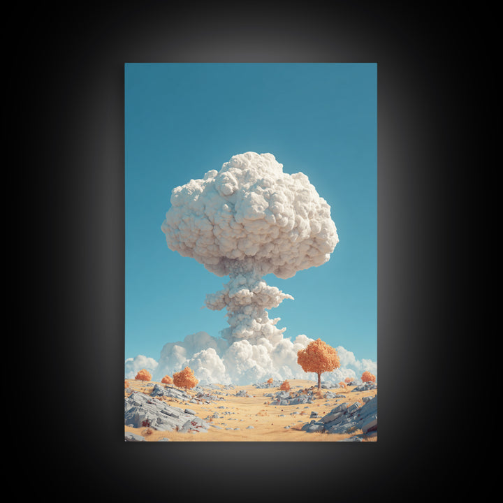 White Mushroom Cloud In Desert Landscape Framed Canvas Print, Surreal Atomic Art, Modern Wall Decor, Blue Sky Poster Print