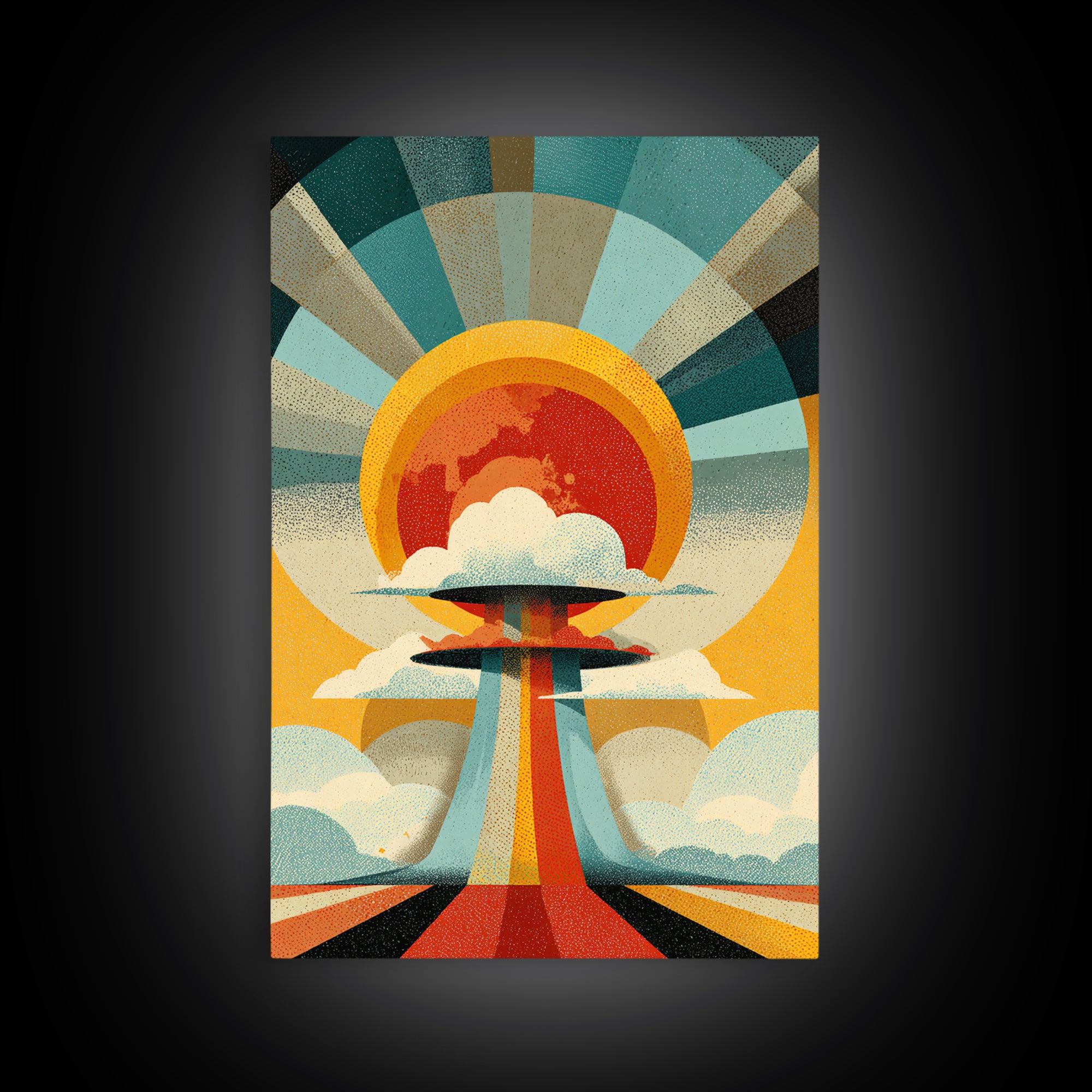 Retro Sunburst UFO Cloud Tower Canvas Print, Atomic Midcentury Modern Wall Art, Space Age Poster, Bold Geometric Decor Print
