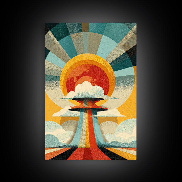 Retro Sunburst UFO Cloud Tower Canvas Print, Atomic Midcentury Modern Wall Art, Space Age Poster, Bold Geometric Decor Print