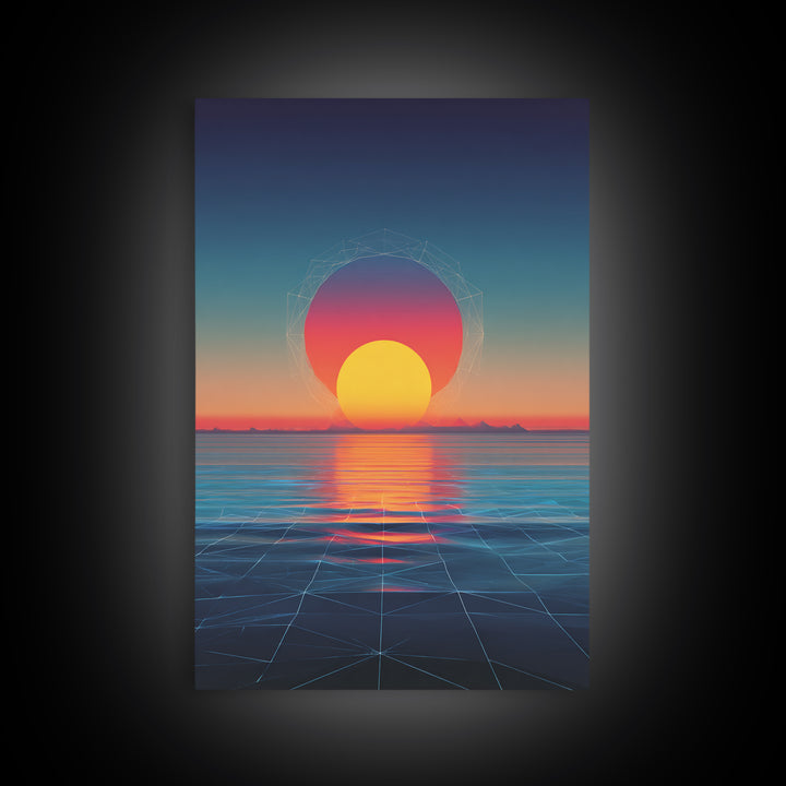 Neon Sunset Over Ocean Grid Wall Art, Synthwave Retro Poster, Vaporwave Modern Wall Decor, 80s Digital Art Print, Futuristic Decor