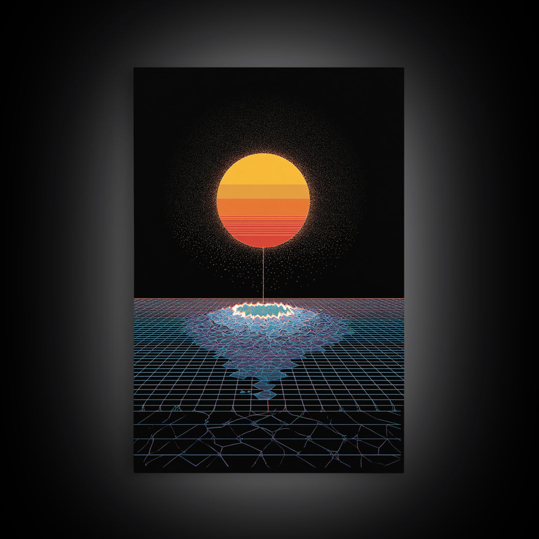 Minimal Retro Sun Over Digital Grid Canvas Print, Black Sci Fi Wall Art, Vaporwave Poster, Modern Geometric Decor Print Gift