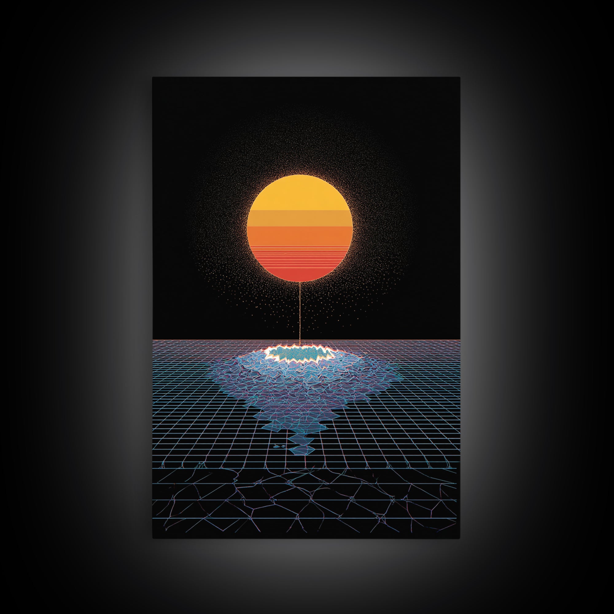 Minimal Retro Sun Over Digital Grid Canvas Print, Black Sci Fi Wall Art, Vaporwave Poster, Modern Geometric Decor Print Gift