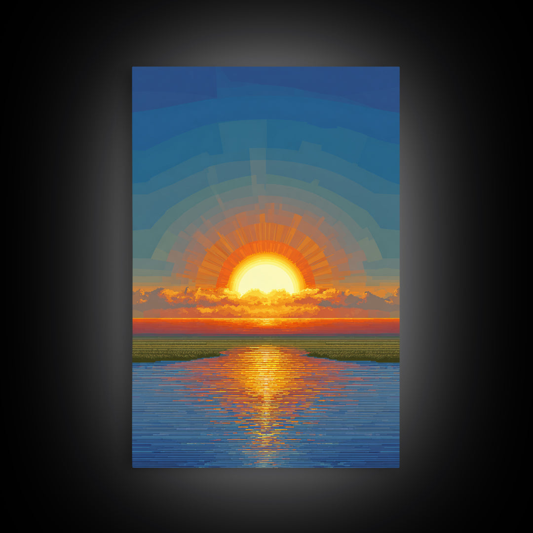 Golden Sunrise Over Calm Water Wall Art, Pixel Style Midcentury Poster, Modern Abstract Landscape, Living Room Decor Print